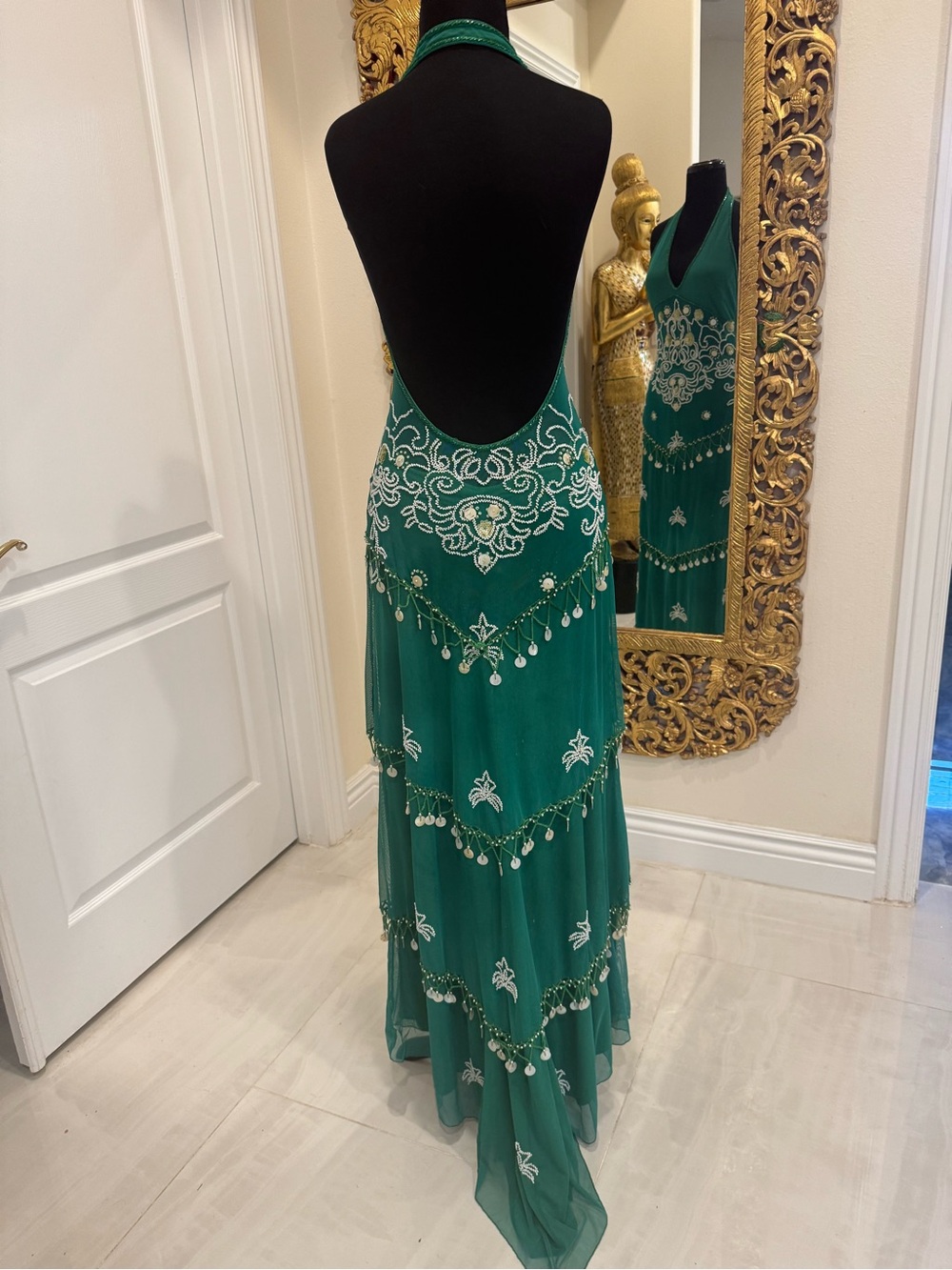 Emerald Green Halter Maxi Dress with hand beaded & hand Embroidery/ real shells - Picture 9 of 12